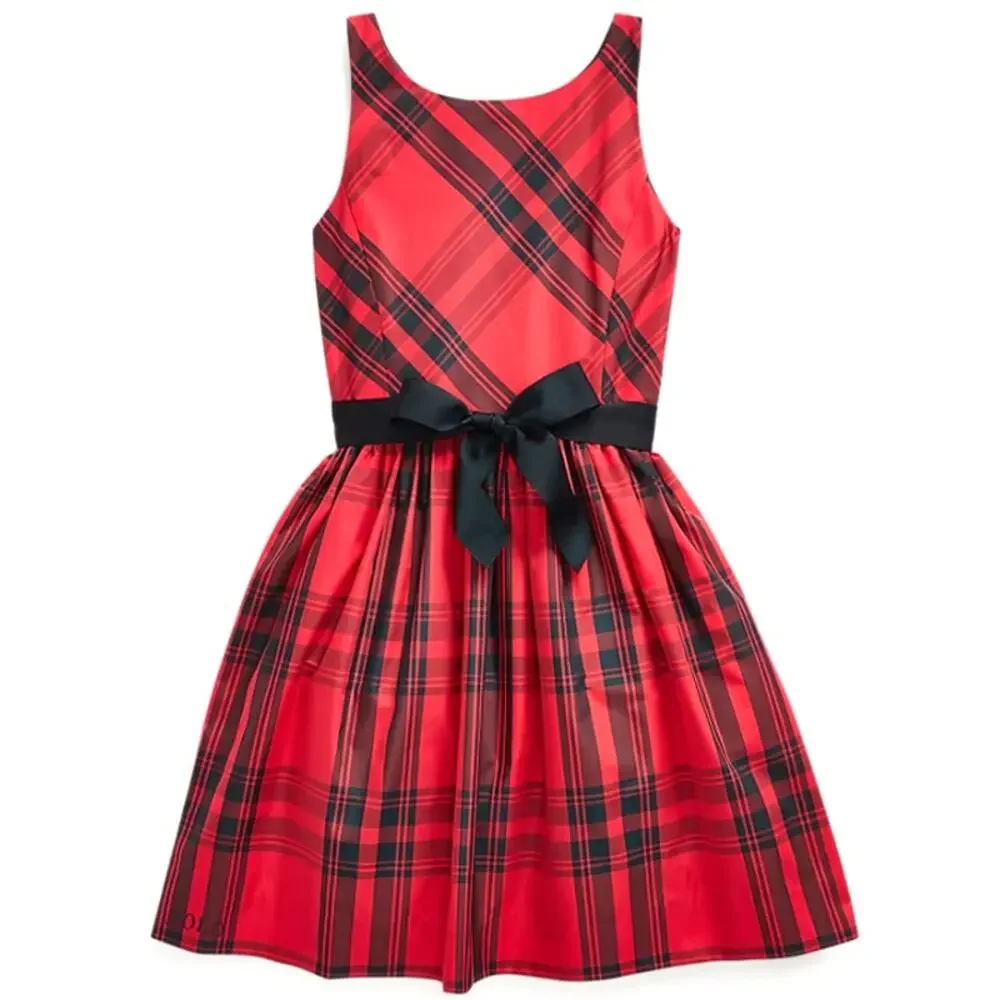 Polo Ralph Lauren Plaid Taffeta Dress Girls 16 Red Black Sleeveless Fit Flare