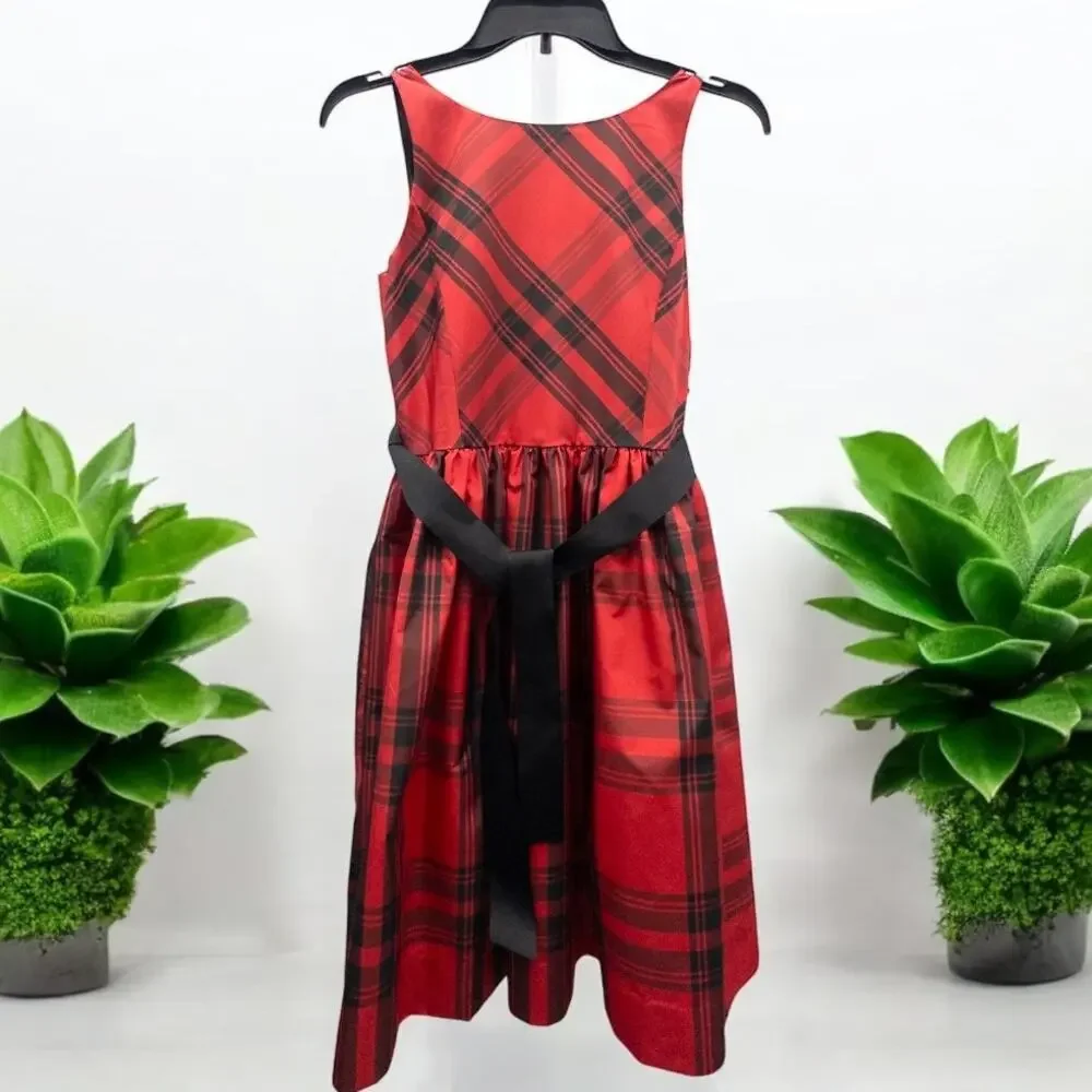 Polo Ralph Lauren Plaid Taffeta Dress Girls 16 Red Black Sleeveless Fit Flare