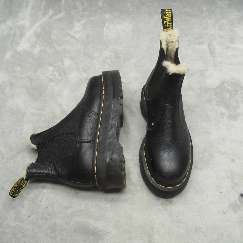 Dr Martens Unisex W5 M4 Boots Black‎ Leather Quad Platform Lug Faux Fur Chelsea