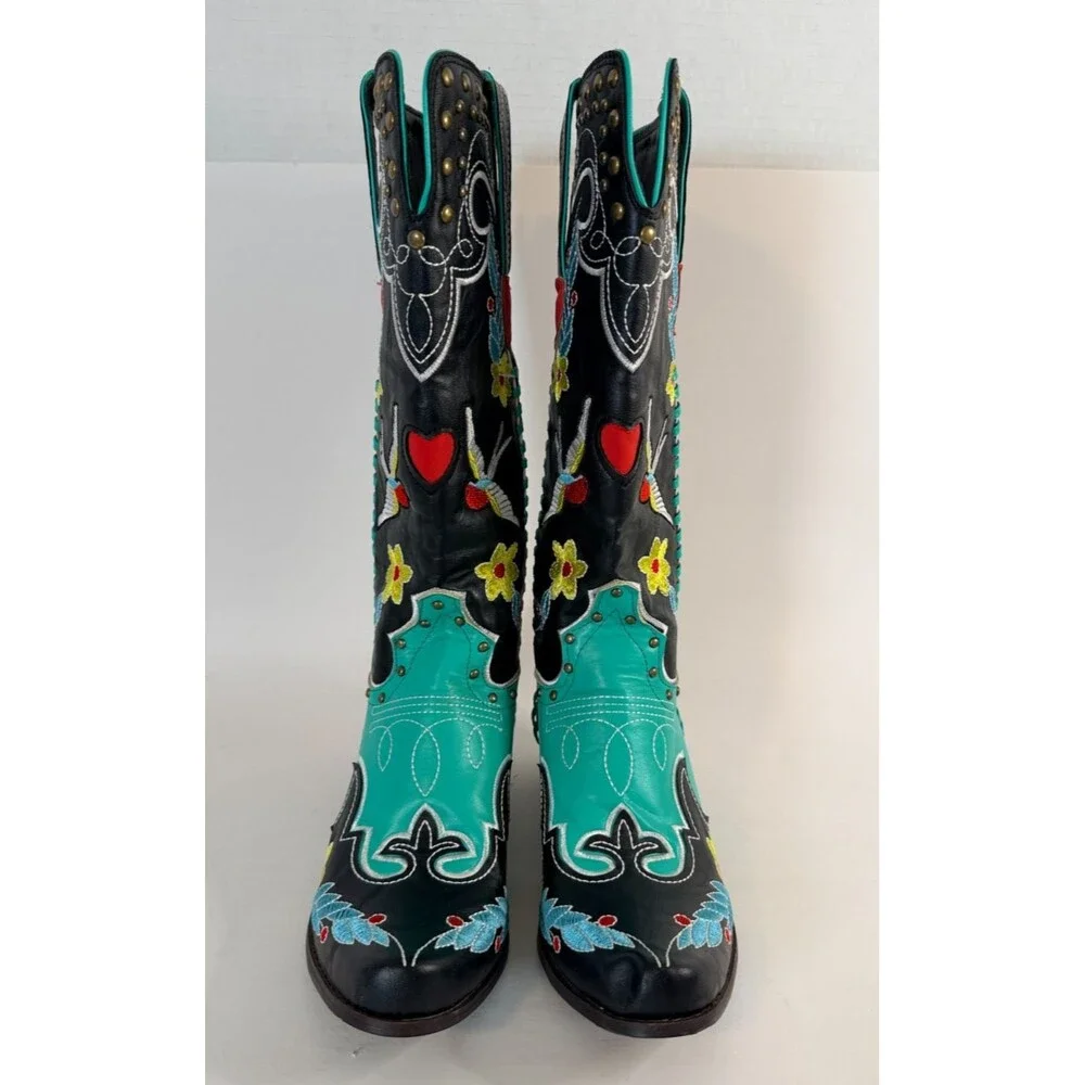 Embroidered Turquoise Cowhide Floral Snip Toe Western Cowgirl Boots Sz37 US 6.5