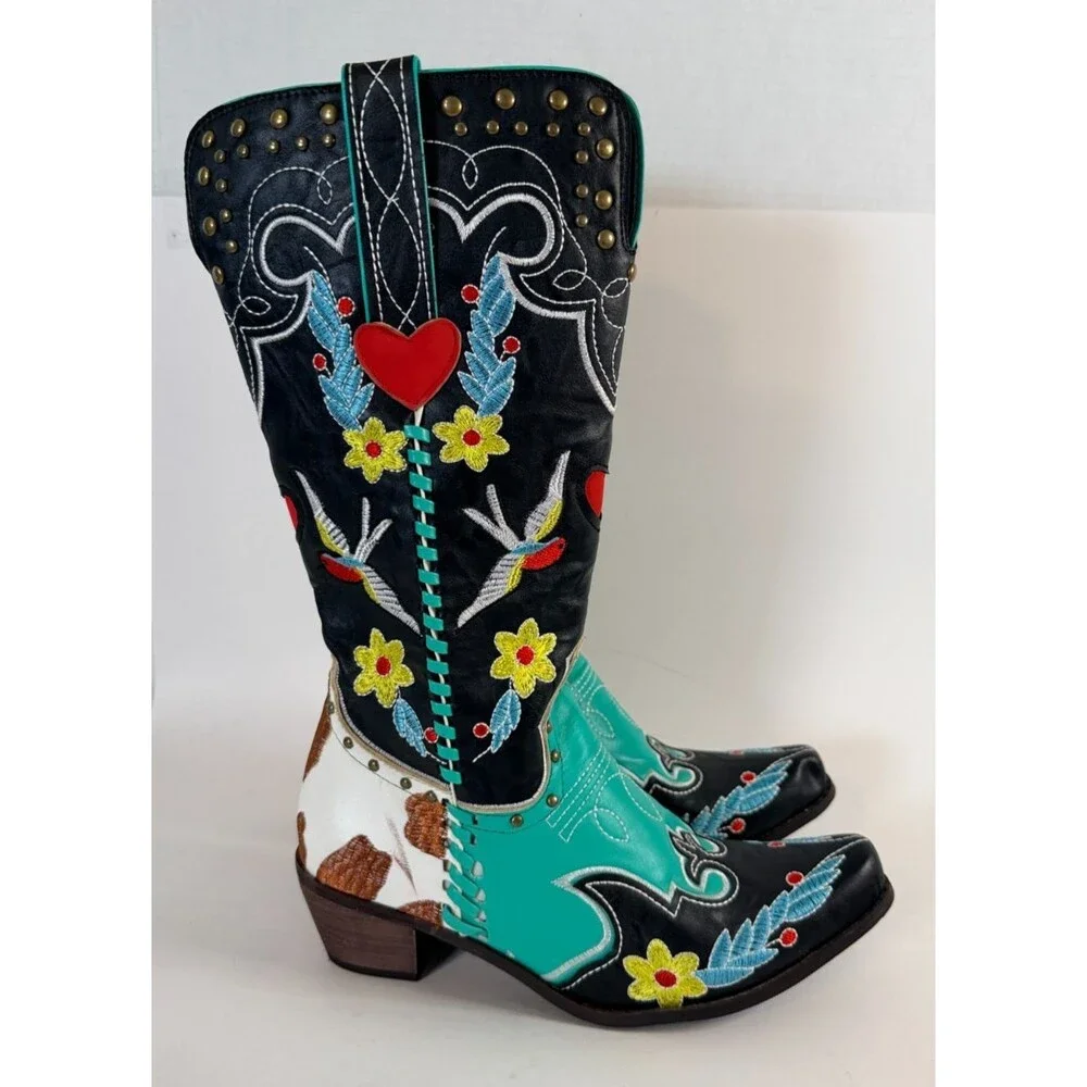 Embroidered Turquoise Cowhide Floral Snip Toe Western Cowgirl Boots Sz37 US 6.5