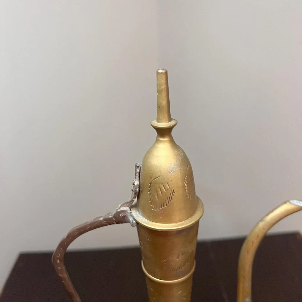 VTG Brass Ewer & 2 Goblets Set, Etched India Decanter Moroccan Style Pitcher Bar