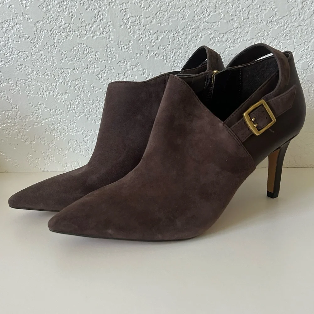 Vince Camuto Kreitha Leather Suede Stiletto Heels Booties in Root Beer Brown