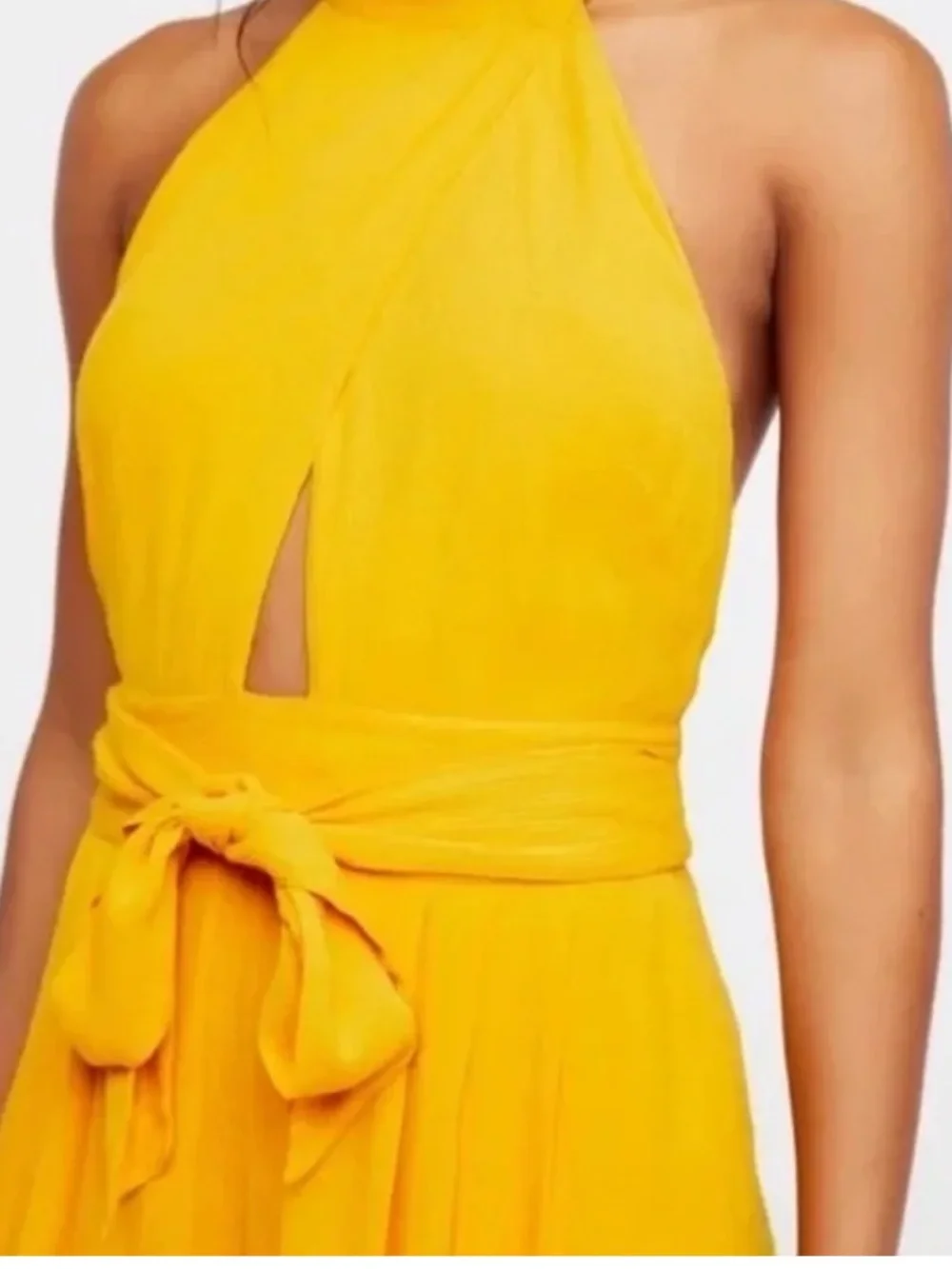 Free People Yellow Keyhole Halter Wide-Leg Jumpsuit with Tie Waist Size Large