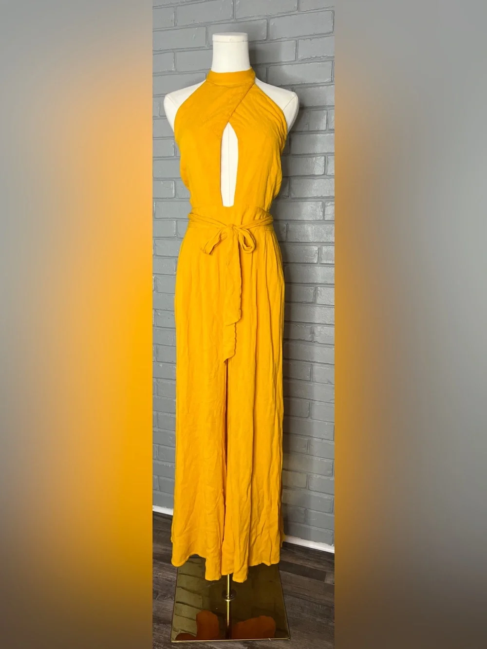 Free People Yellow Keyhole Halter Wide-Leg Jumpsuit with Tie Waist Size Large