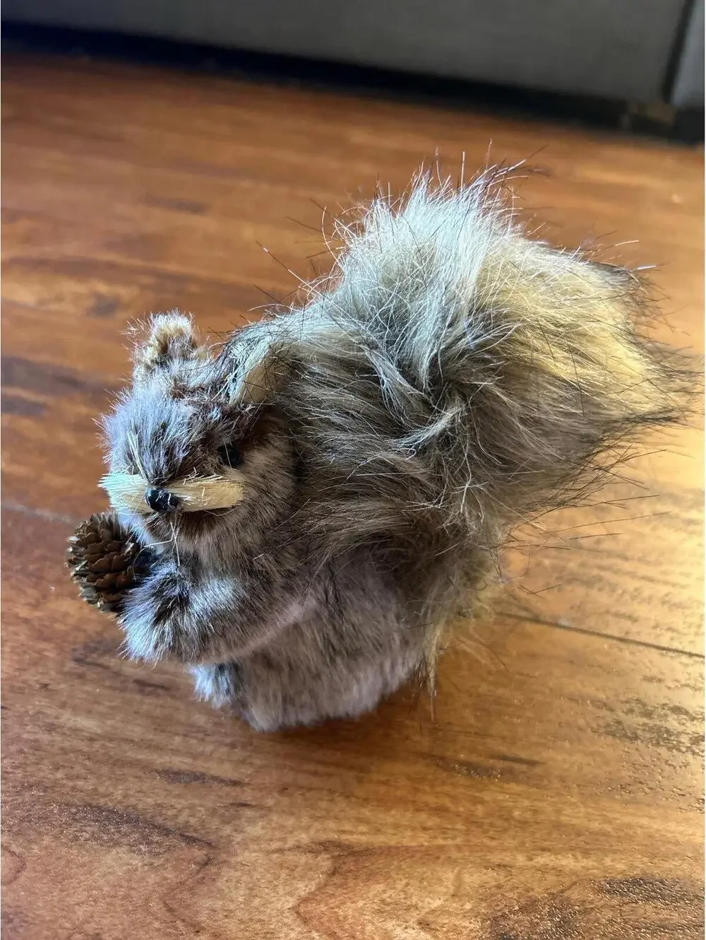 Christmas vintage faux-fur squirrel figurine holding a pinecone