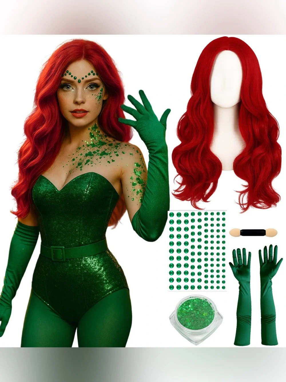 Poison Ivy Halloween Costume Cosplay Red Wig Green Satin Gloves KIDS 2-11