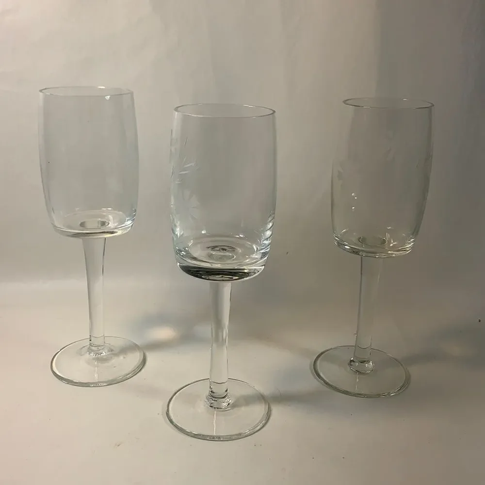 Set 3 Glass Stemware 6 Ounces White Flower Etching Vintage Bar Cocktail Dining