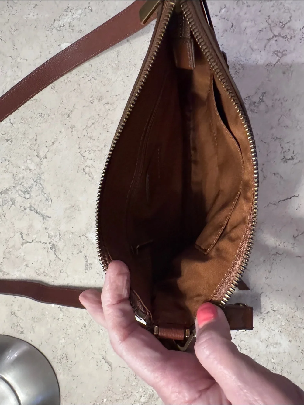 Fossil Leather Crossbody Bag, Cognac Brown, Pebbled Leather, with Brass Hardware