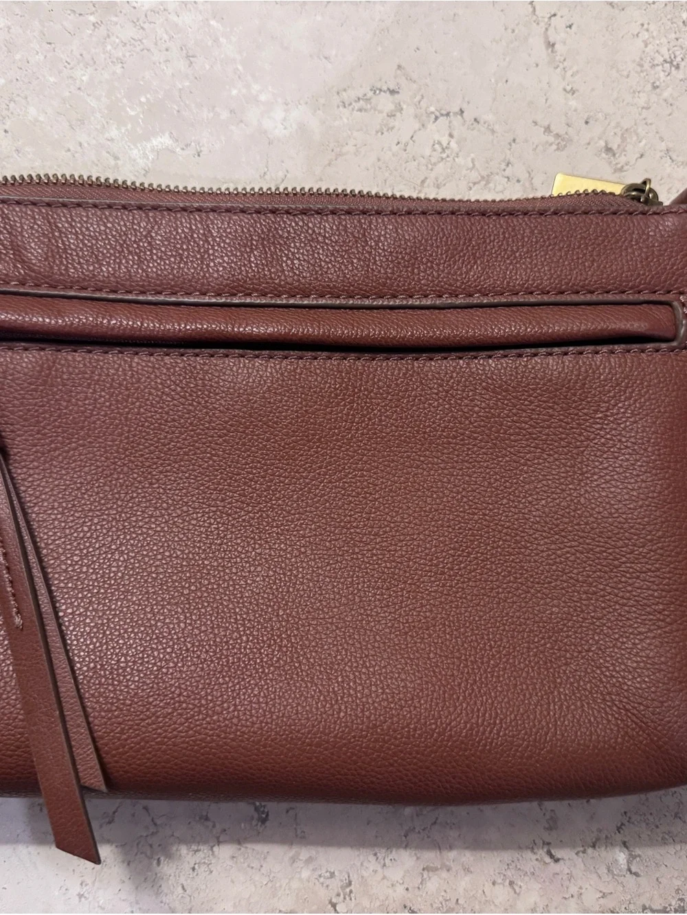 Fossil Leather Crossbody Bag, Cognac Brown, Pebbled Leather, with Brass Hardware