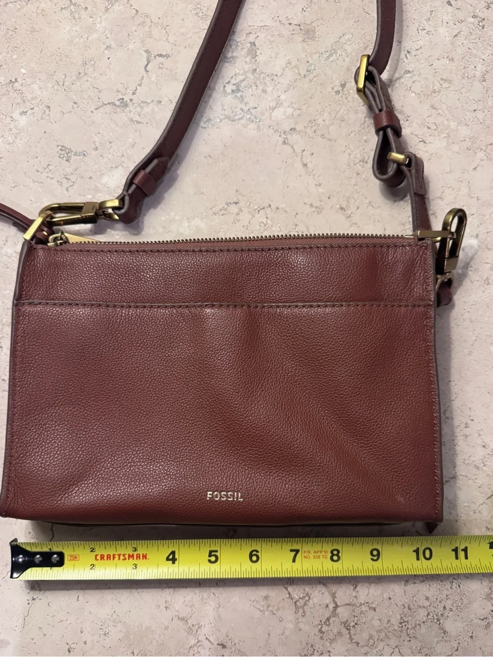 Fossil Leather Crossbody Bag, Cognac Brown, Pebbled Leather, with Brass Hardware