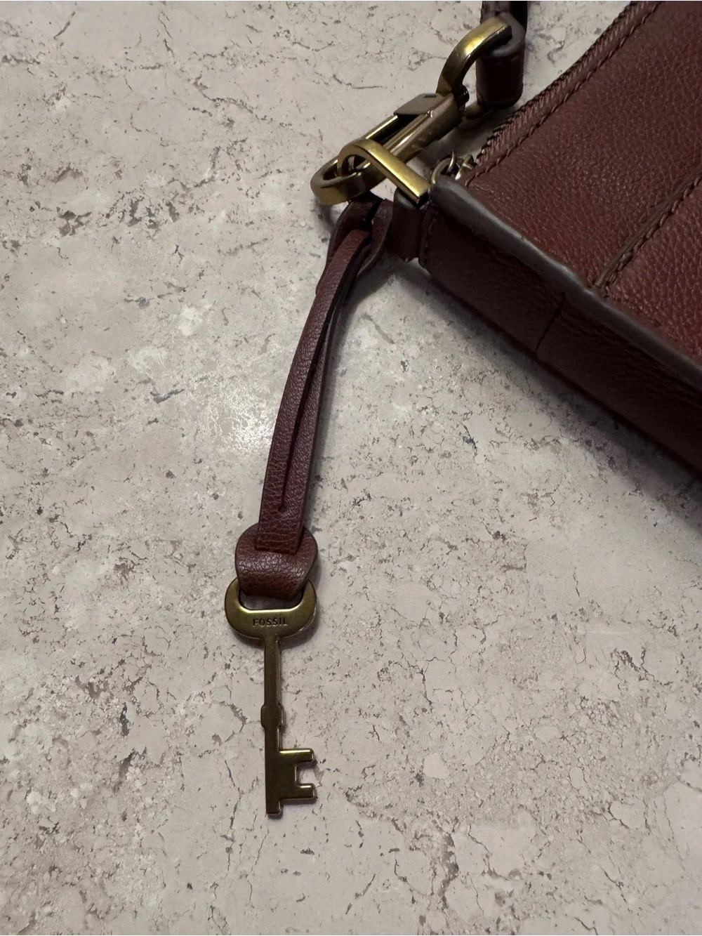 Fossil Leather Crossbody Bag, Cognac Brown, Pebbled Leather, with Brass Hardware