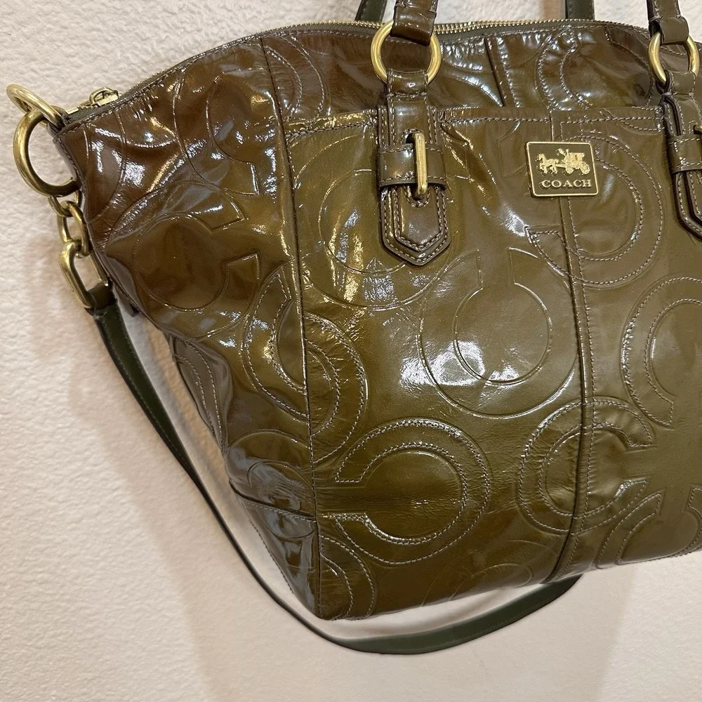 Coach Olive Green Op Art Embossed Patent Leather Madison Satchel Tote Bag