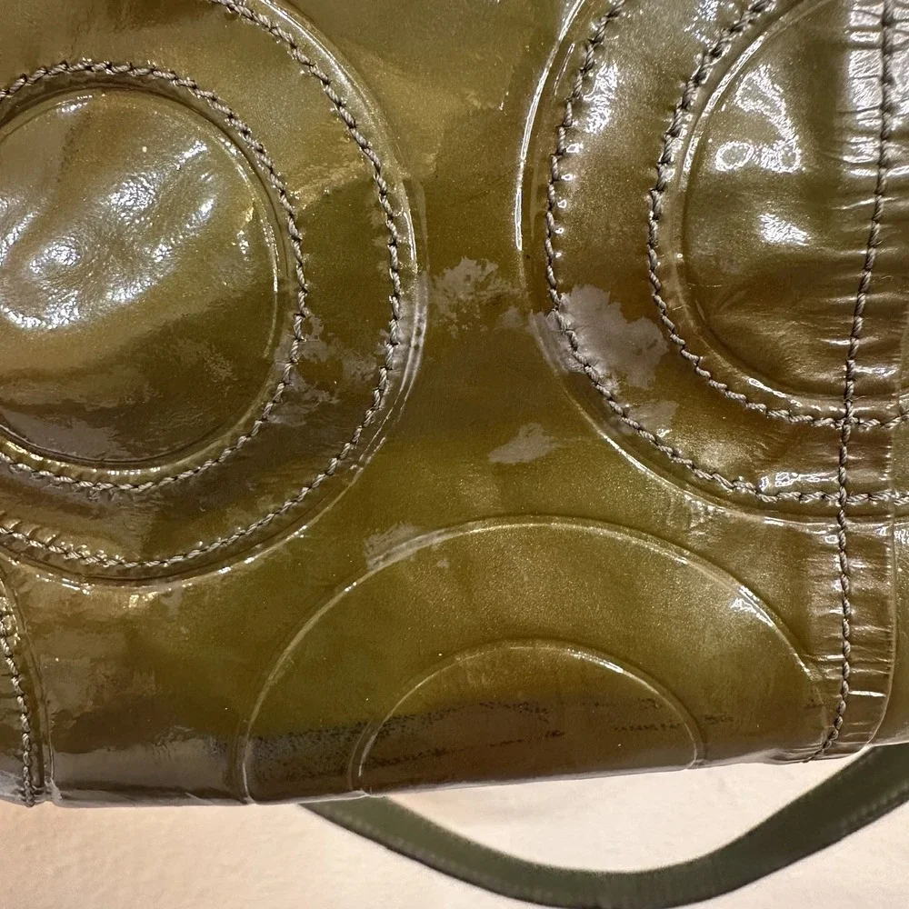 Coach Olive Green Op Art Embossed Patent Leather Madison Satchel Tote Bag