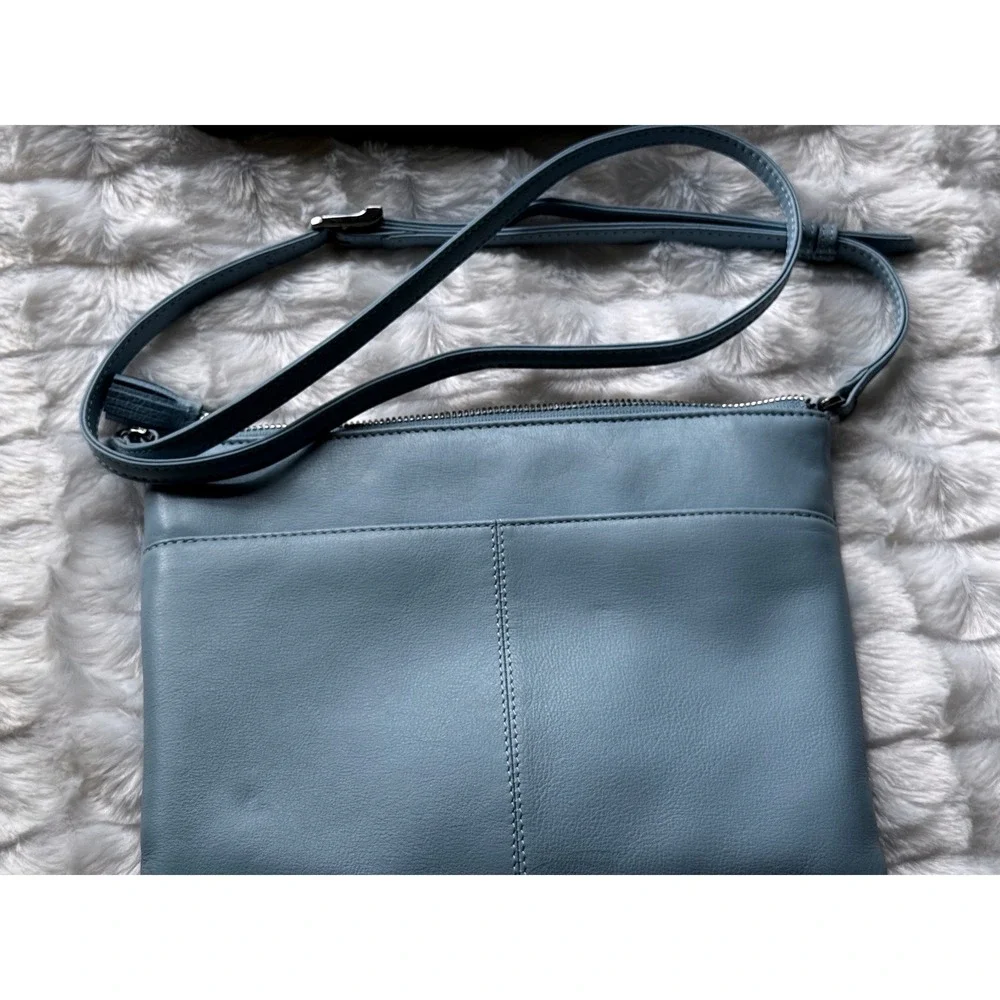 ili New York Baby Blue Leather RFID Crossbody Bag Tassel Zip Top Slim Purse