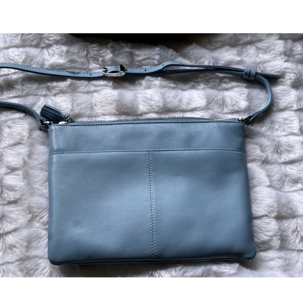 ili New York Baby Blue Leather RFID Crossbody Bag Tassel Zip Top Slim Purse