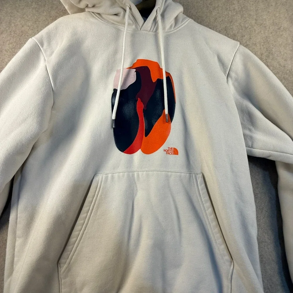 The North Face Mens Graphic Hoodie Cream Off-White Abstract Print Sweatshirt S