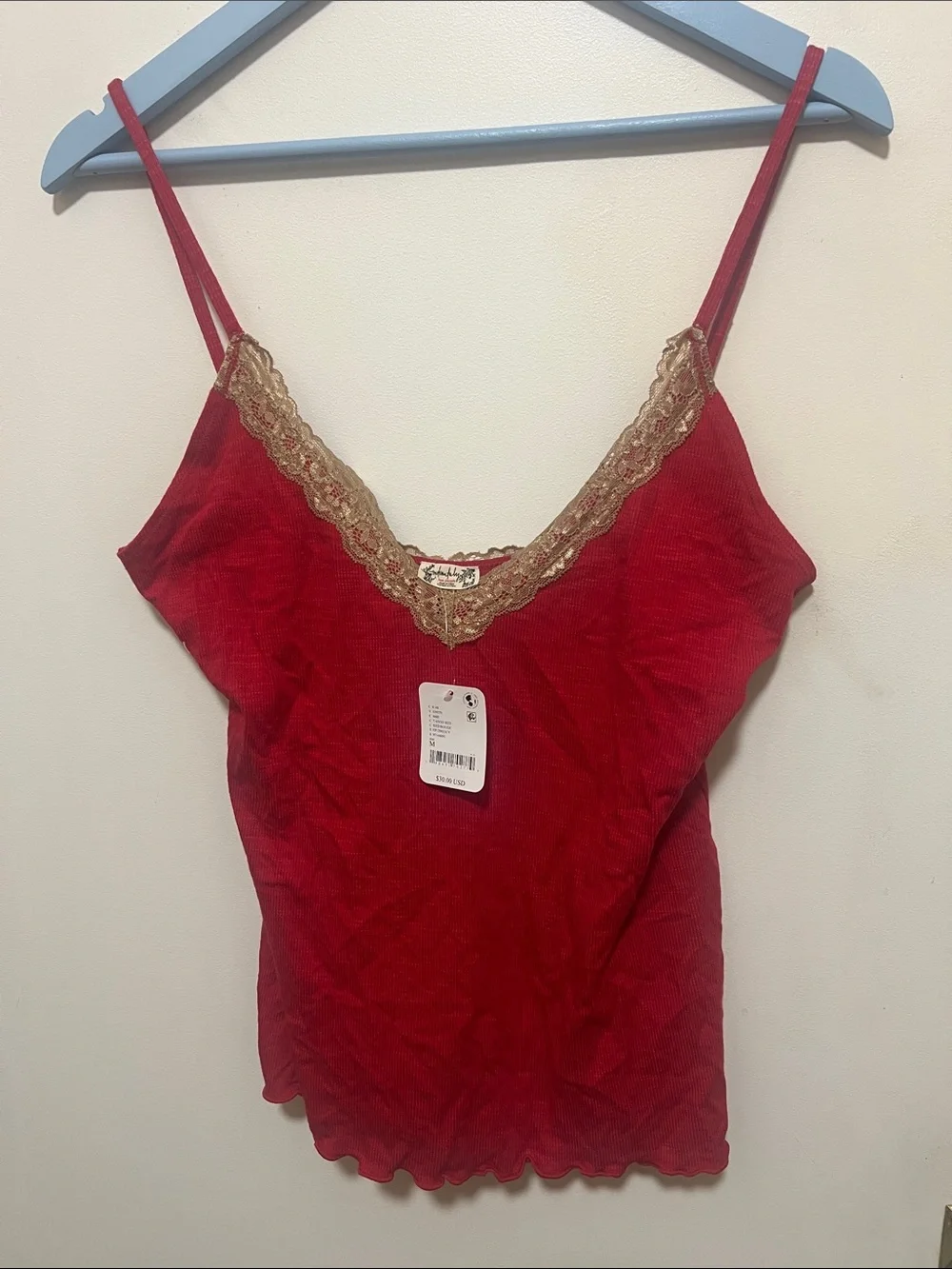 Free People Tango Red Lace-Trim Ribbed Cami