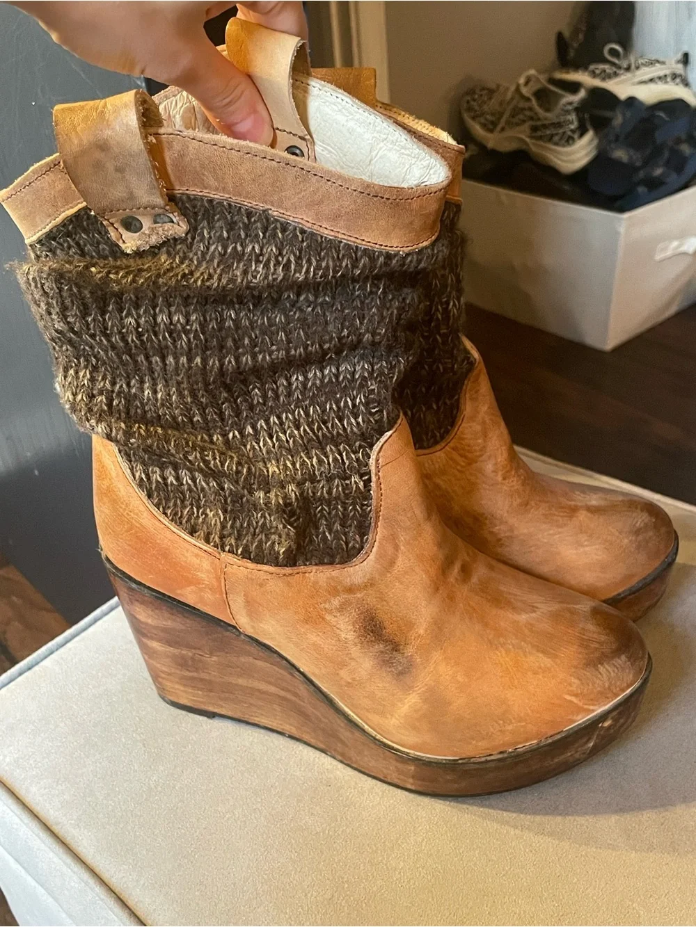 Bed Stu Tan Leather & Brown Knit Ankle Booties