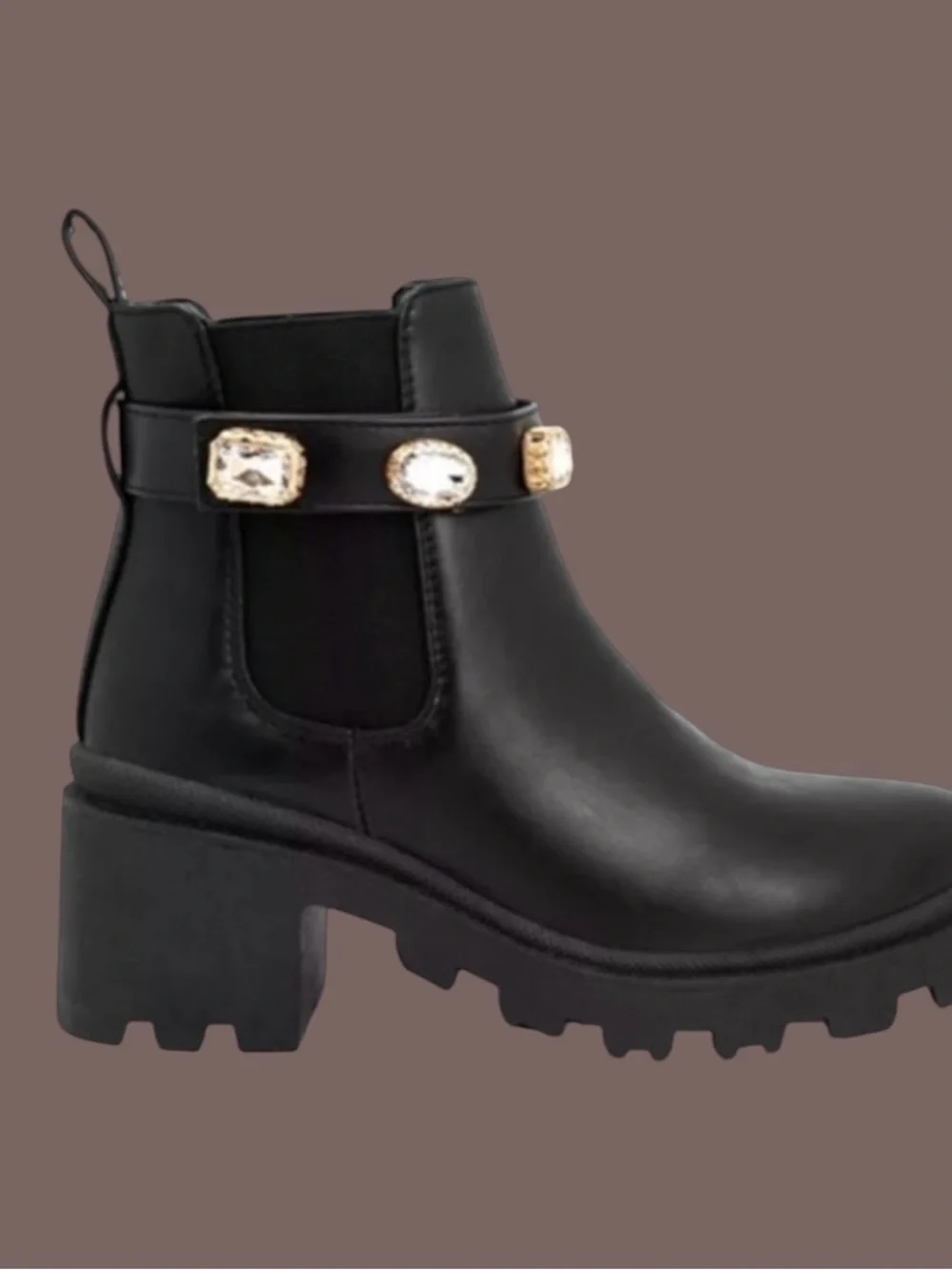 Nicole Miller Black Chelsea Ankle Boots Rhinestone Strap Block Heel Lug Sole 6