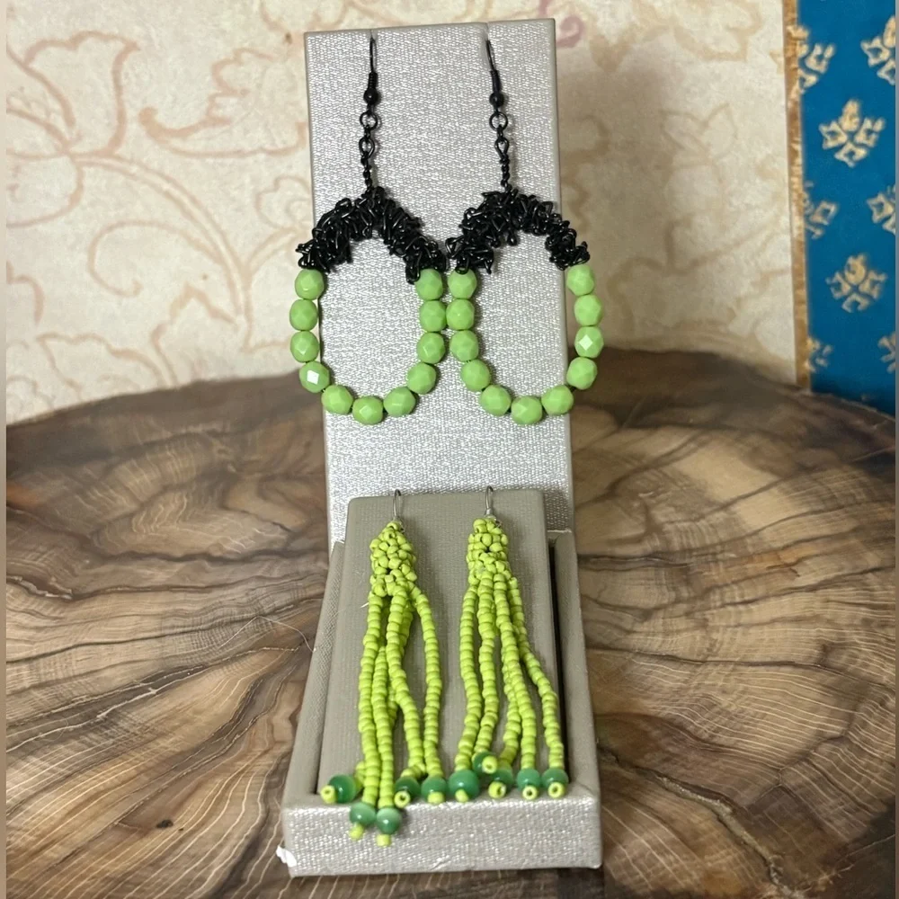 💚 Set/2 Green Beaded Earrings Wire Wrapped Fringe Handmade