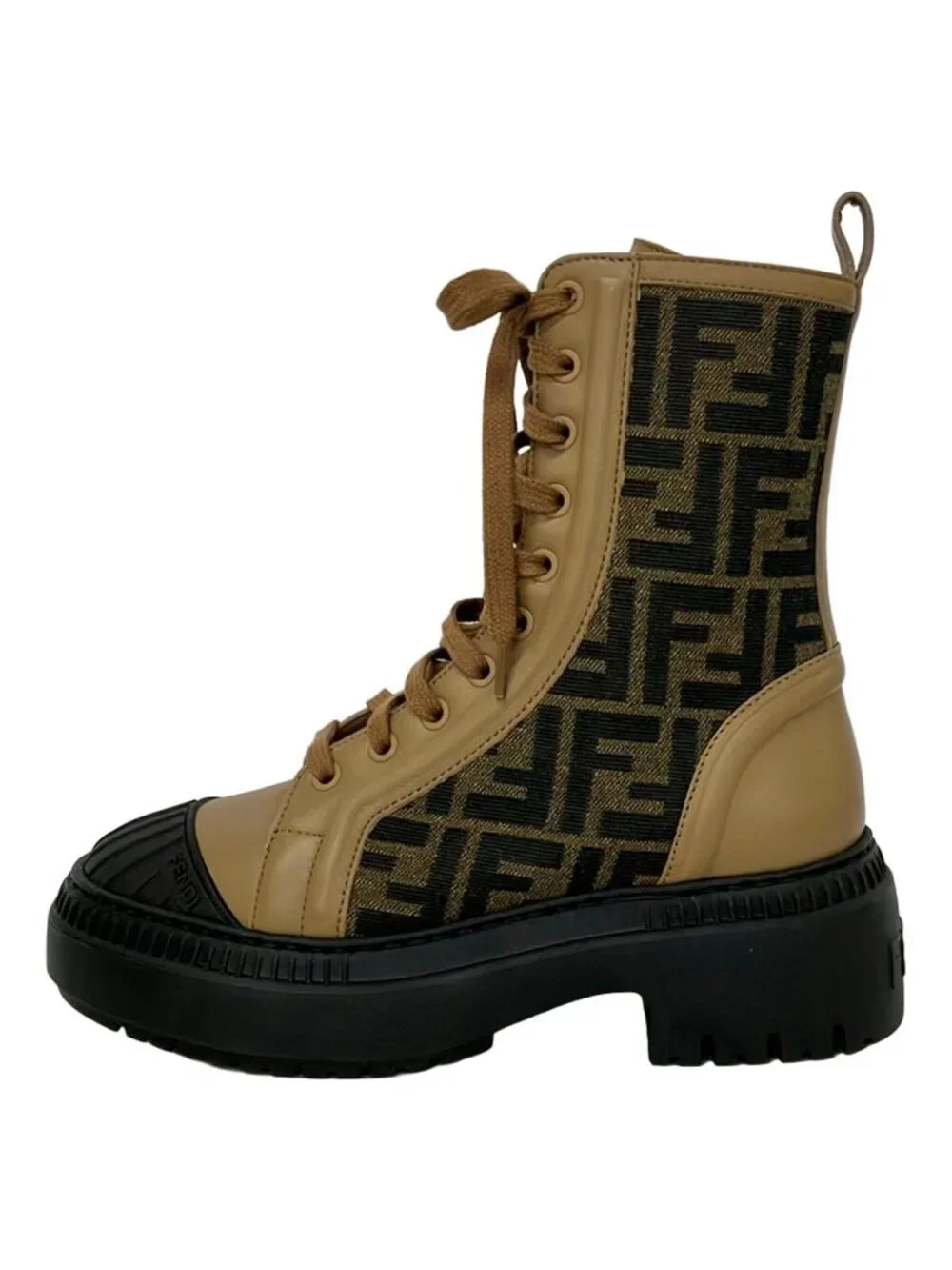 Fendi Short Boots 36 Khaki Light Brown Black Zucca Pattern Leather