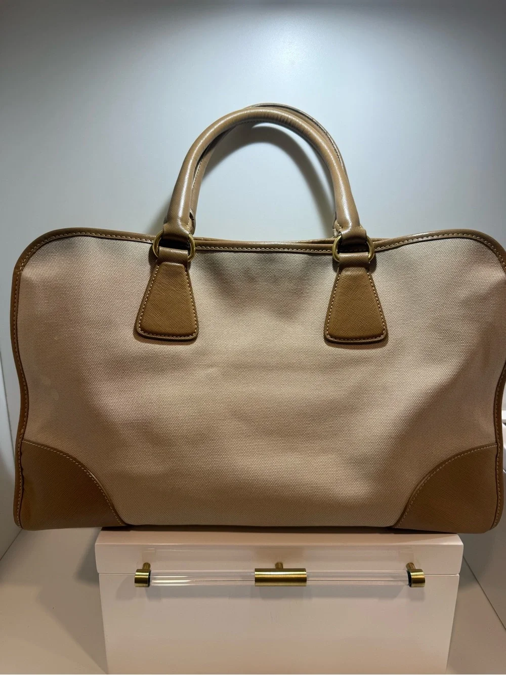 Prada Beige Canvas with Brown Saffiano Trim Tote