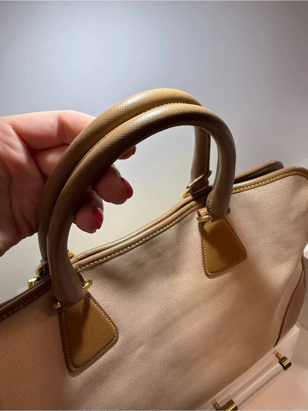 Prada Beige Canvas with Brown Saffiano Trim Tote