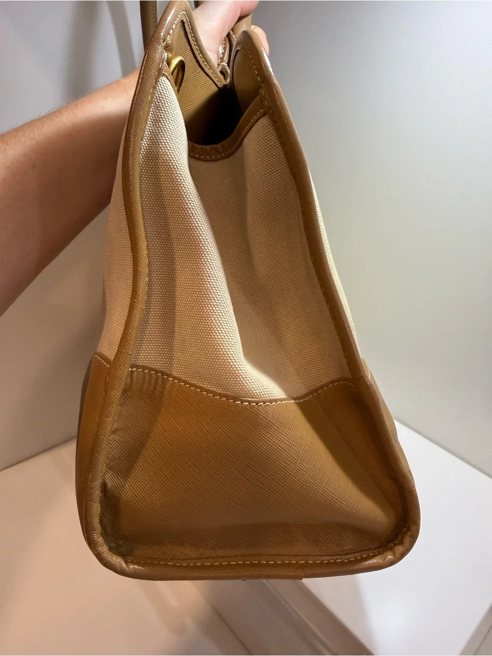 Prada Beige Canvas with Brown Saffiano Trim Tote