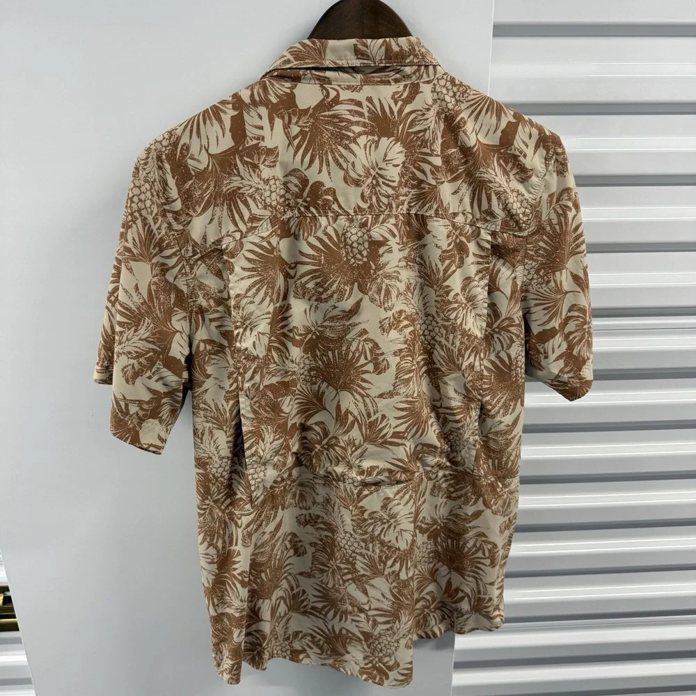 AriatTEK Fitted Hawaiian Fishing Shirt Mens M Brown Tropical Button Up