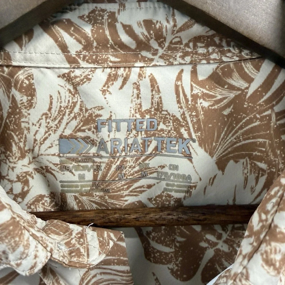 AriatTEK Fitted Hawaiian Fishing Shirt Mens M Brown Tropical Button Up