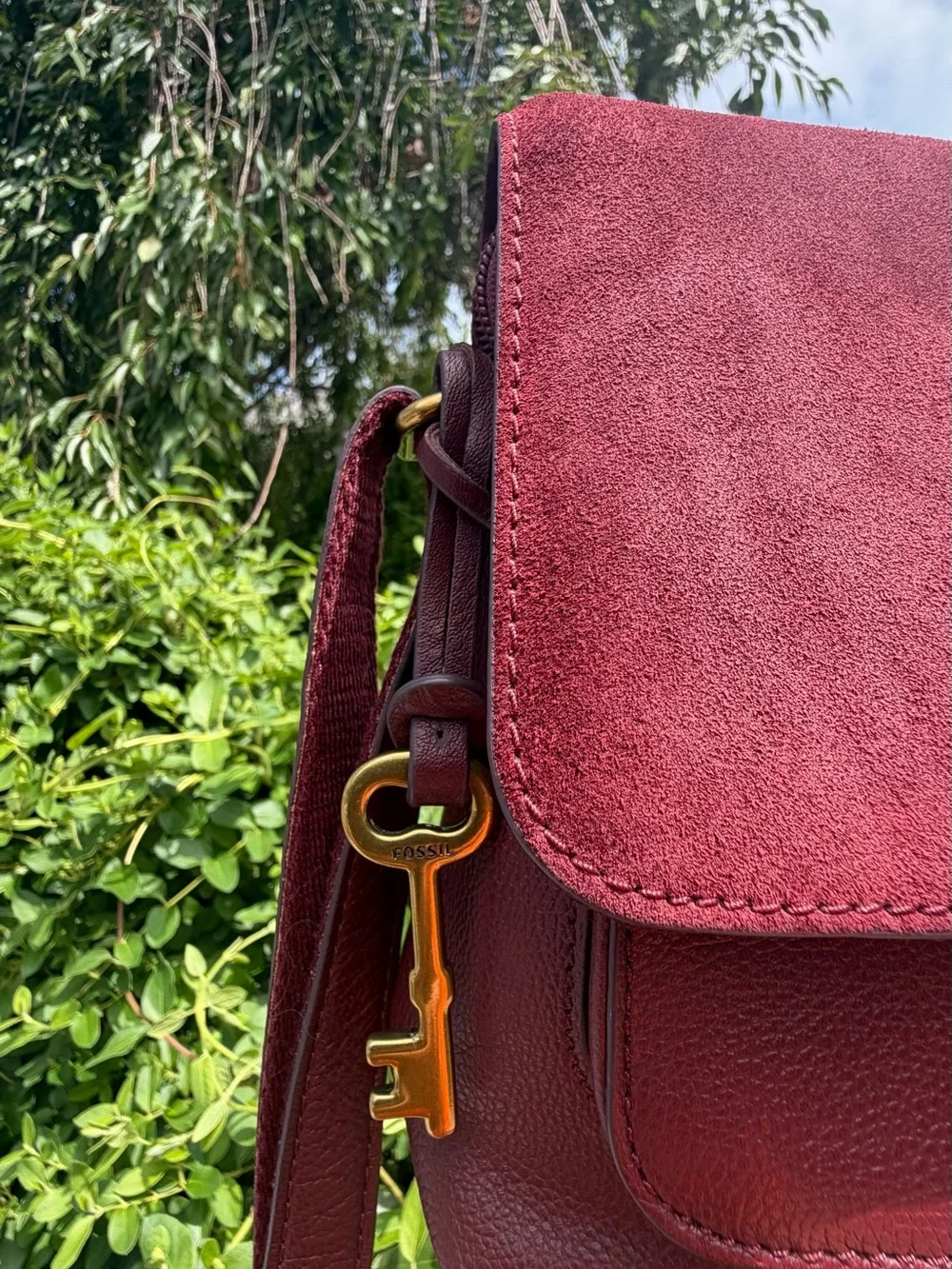 Fossil Kinley Burgundy Leather & Suede Crossbody Bag Boho Coquette Flap Purse