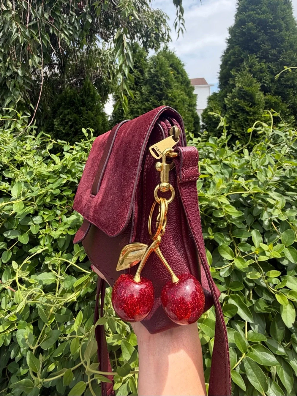 Fossil Kinley Burgundy Leather & Suede Crossbody Bag Boho Coquette Flap Purse