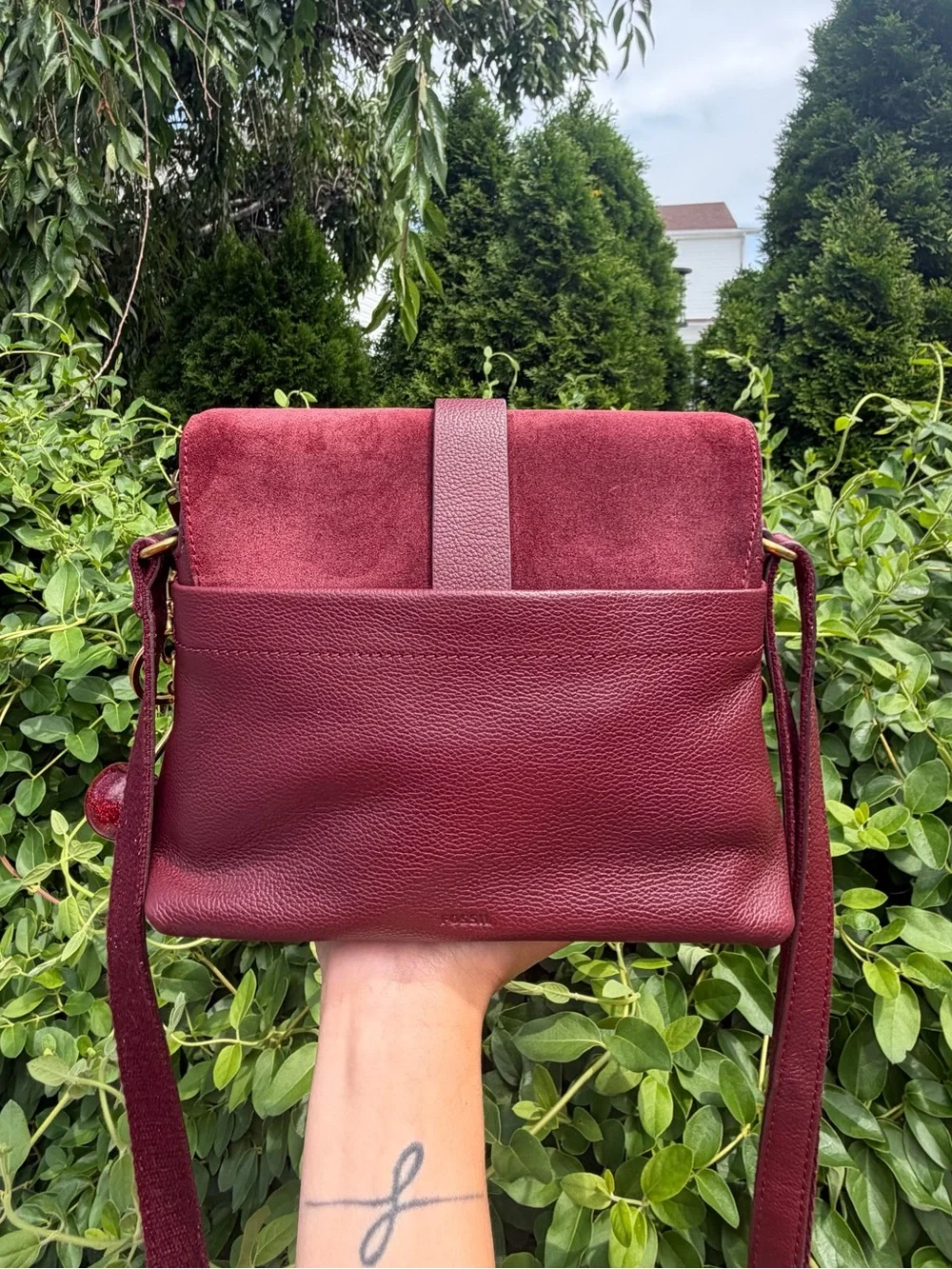 Fossil Kinley Burgundy Leather & Suede Crossbody Bag Boho Coquette Flap Purse