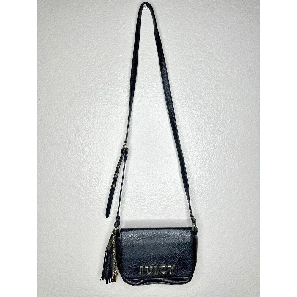 Juicy Couture Crossbody Bag Womens Small Black Faux Leather Tassel Mirror Charm