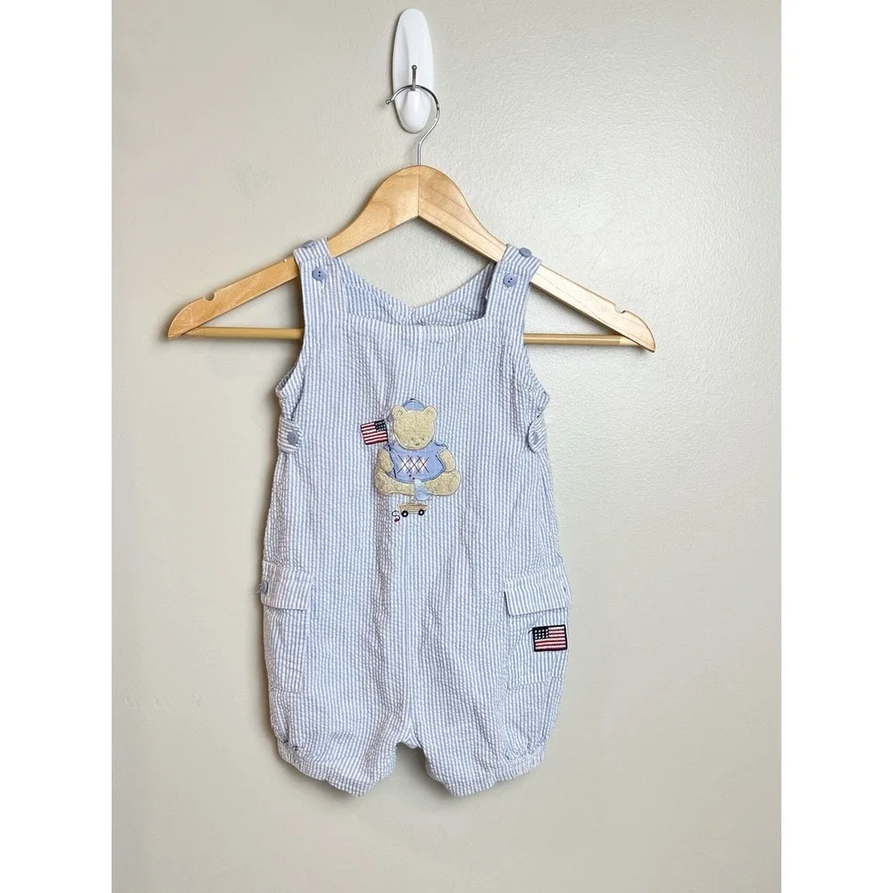 Vtg Striped Romper Bear Flag Americana  24 Months Toddler Blue White Patriotic