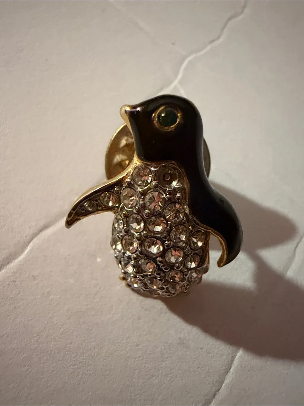 Penguin Rhinestone Enamel Lapel Pin Brooch Gold Tone Black No Visible Brand