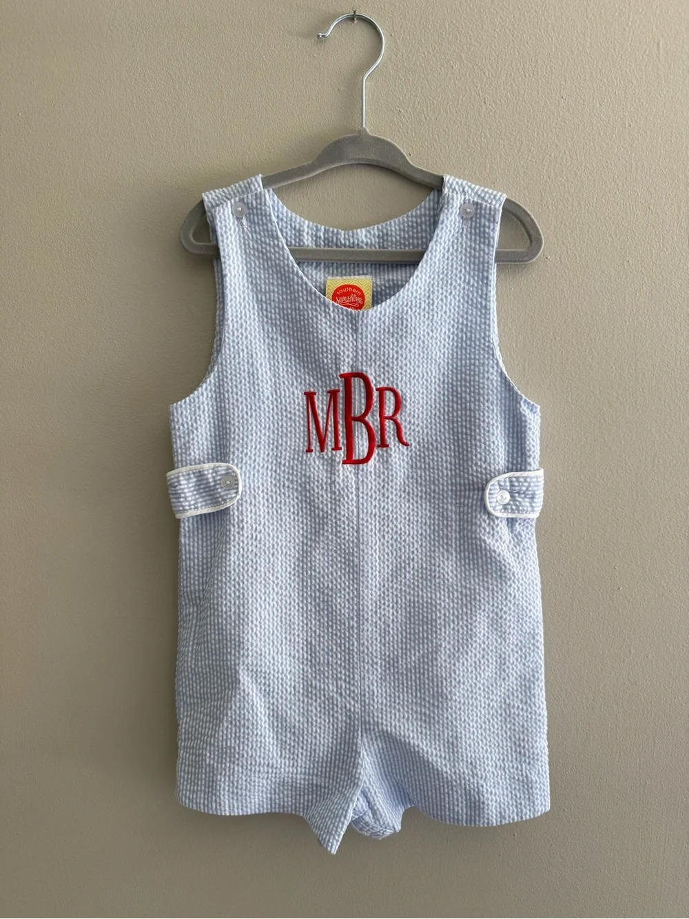 Southern Sunshine Kids Boys 2T Blue White Seersucker Monogram Romper mBr MRB