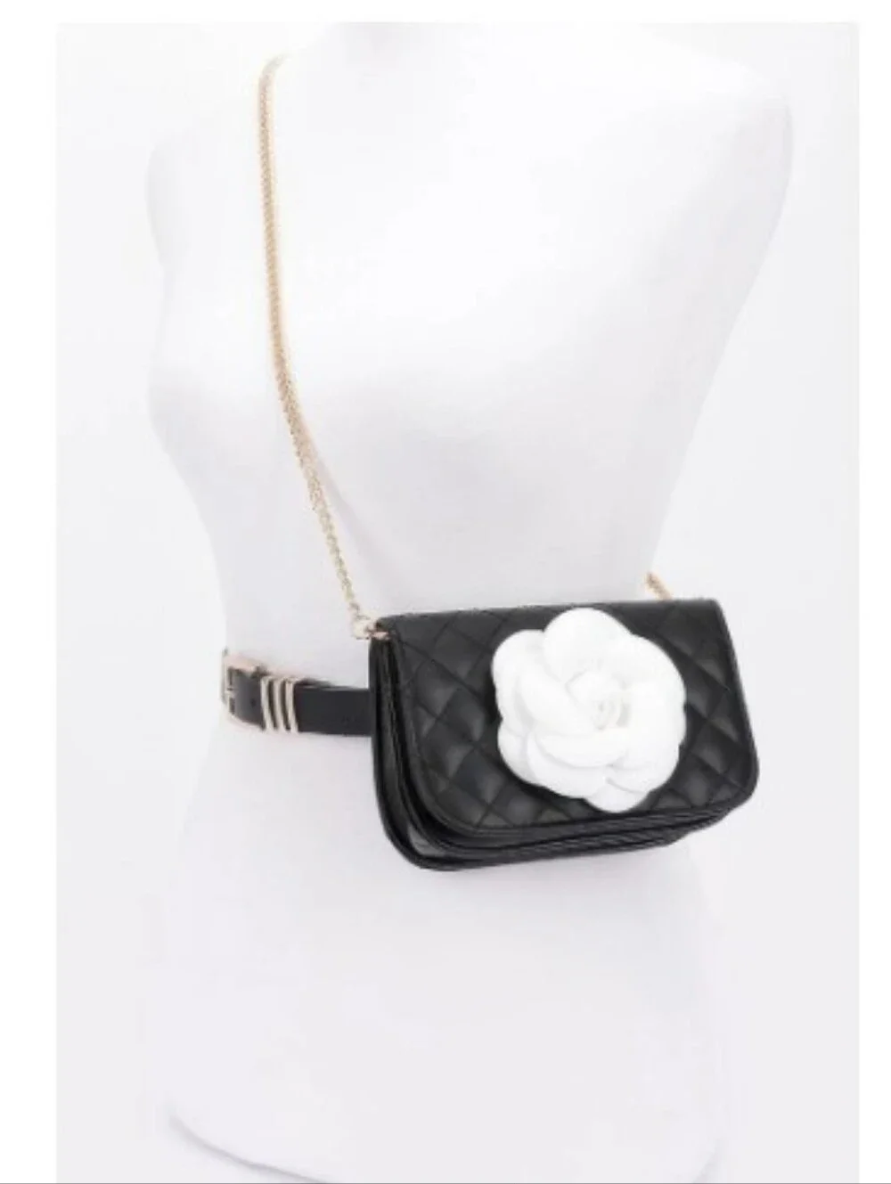 Quilted Metallic Flower Belt Bag -Chain Crossbody (Silver/Black 🩶🖤)