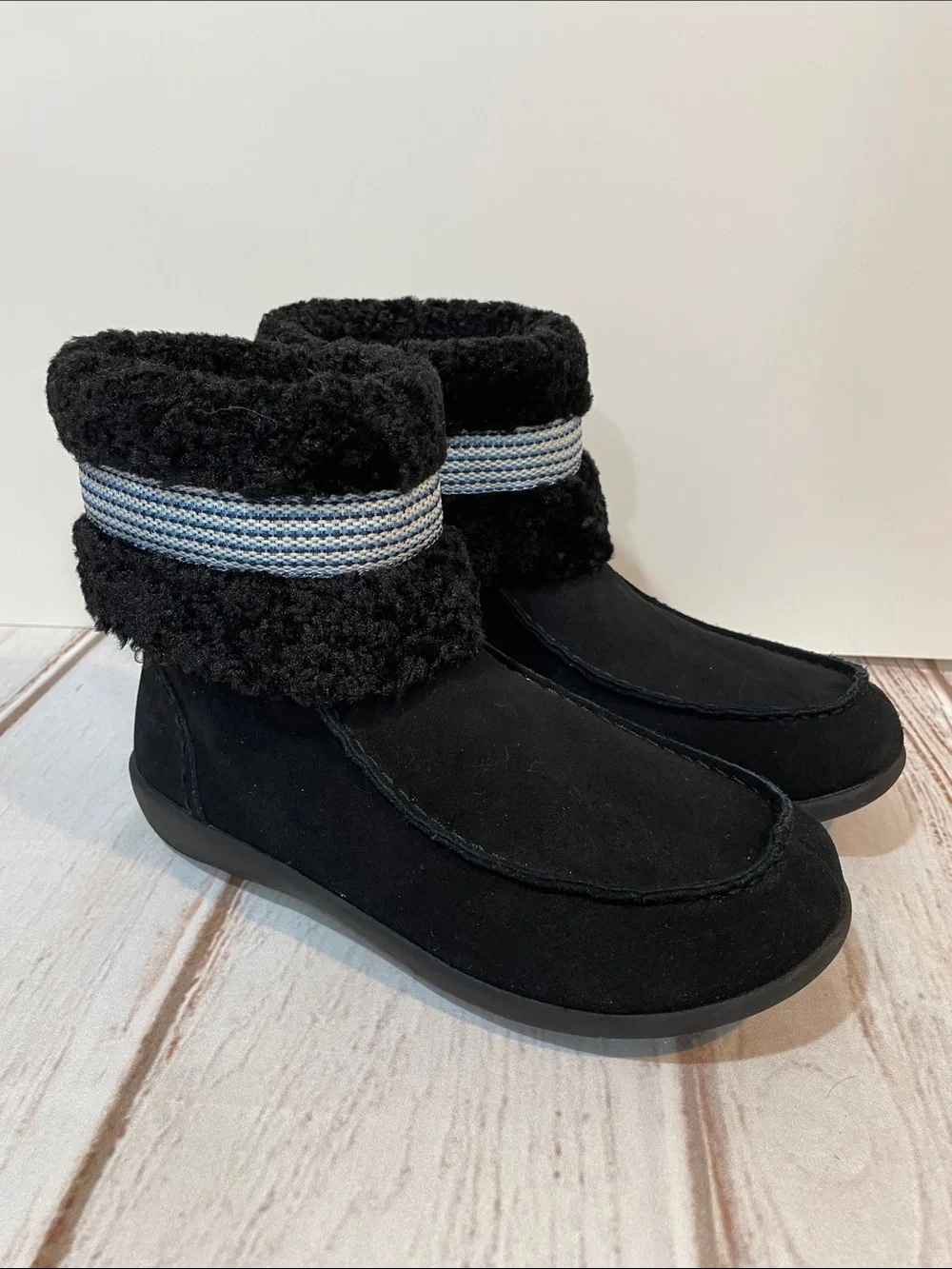 Revitalign Black 8 Wide Ankle Boots Faux-Suede Plush Lined Woven Trim Zip Side