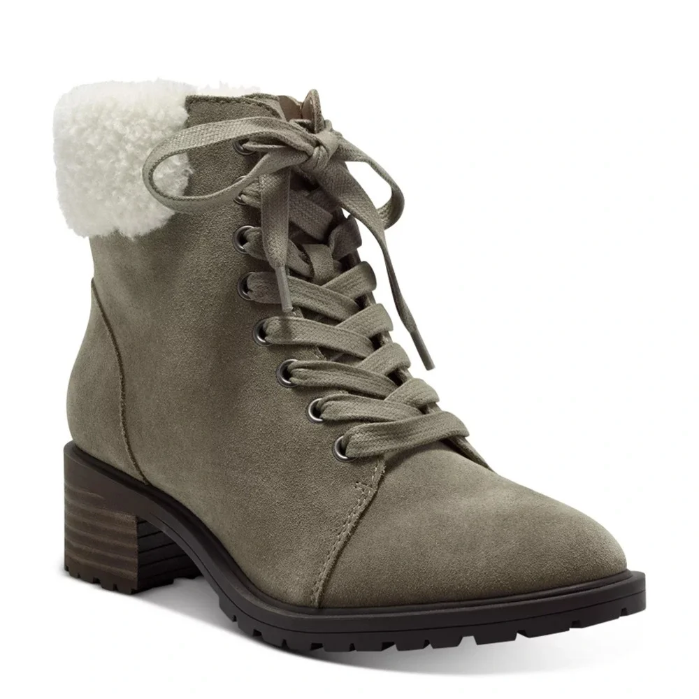 Lucky Brand LK-Jacenia Olive Green‎ Suede Lined Lace Up Ankle Boots Womans Sz 9M