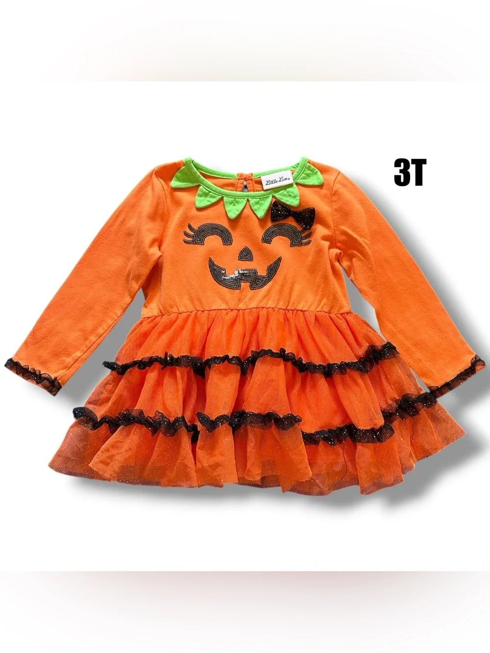 Little Lass Orange Pumpkin Long Sleeve Tutu Dress with Green Leaf Collar