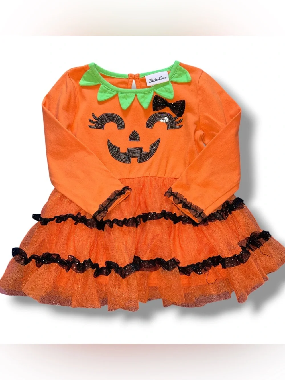 Little Lass Orange Pumpkin Long Sleeve Tutu Dress with Green Leaf Collar