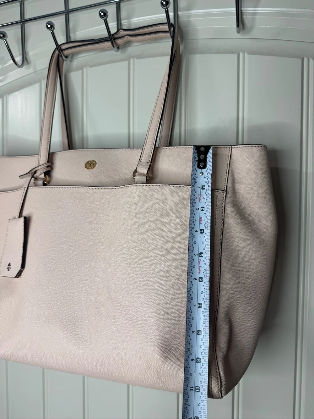 TORY BURCH 🤍 Pale Blush Pink Leather Large Shoulder Tote, Navy, Gold - 10x15”