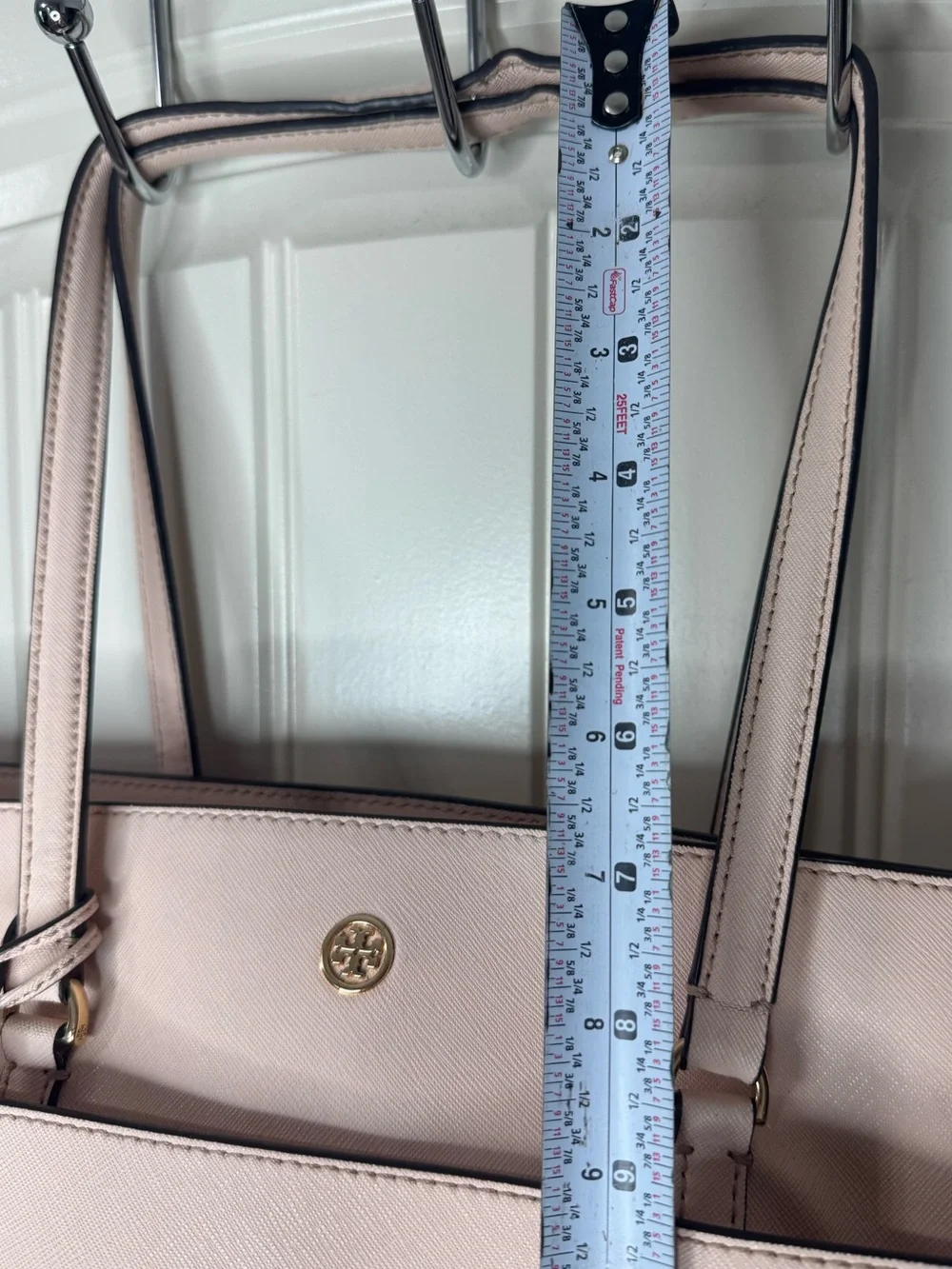 TORY BURCH 🤍 Pale Blush Pink Leather Large Shoulder Tote, Navy, Gold - 10x15”