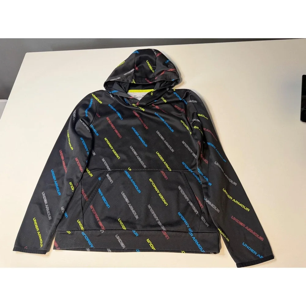 Under Armour Boys ColdGear Hoodie Black Multicolor Logo Print Pullover YLG Large