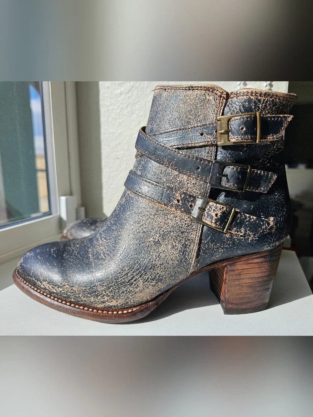 BED|STU Distressed Black Brown Leather Ankle Boots with Buckle Straps