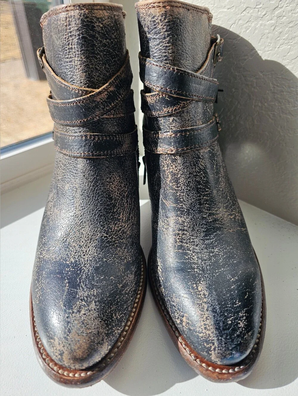 BED|STU Distressed Black Brown Leather Ankle Boots with Buckle Straps
