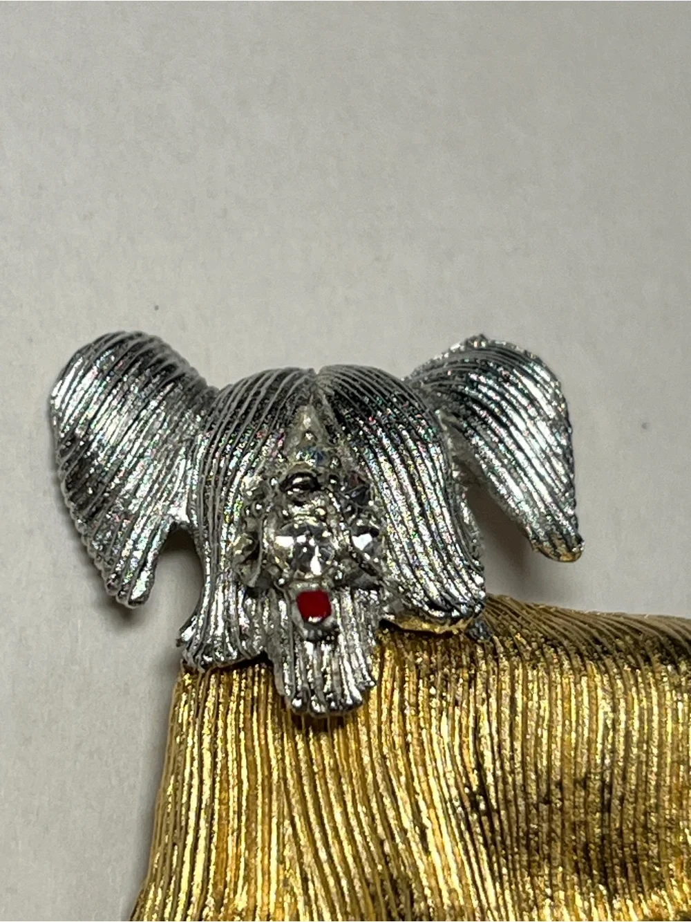 VTG Puppy Dog Brooch, Gold- & Silver-Toned, 6 Rhinestones & Red Enamel Tongue