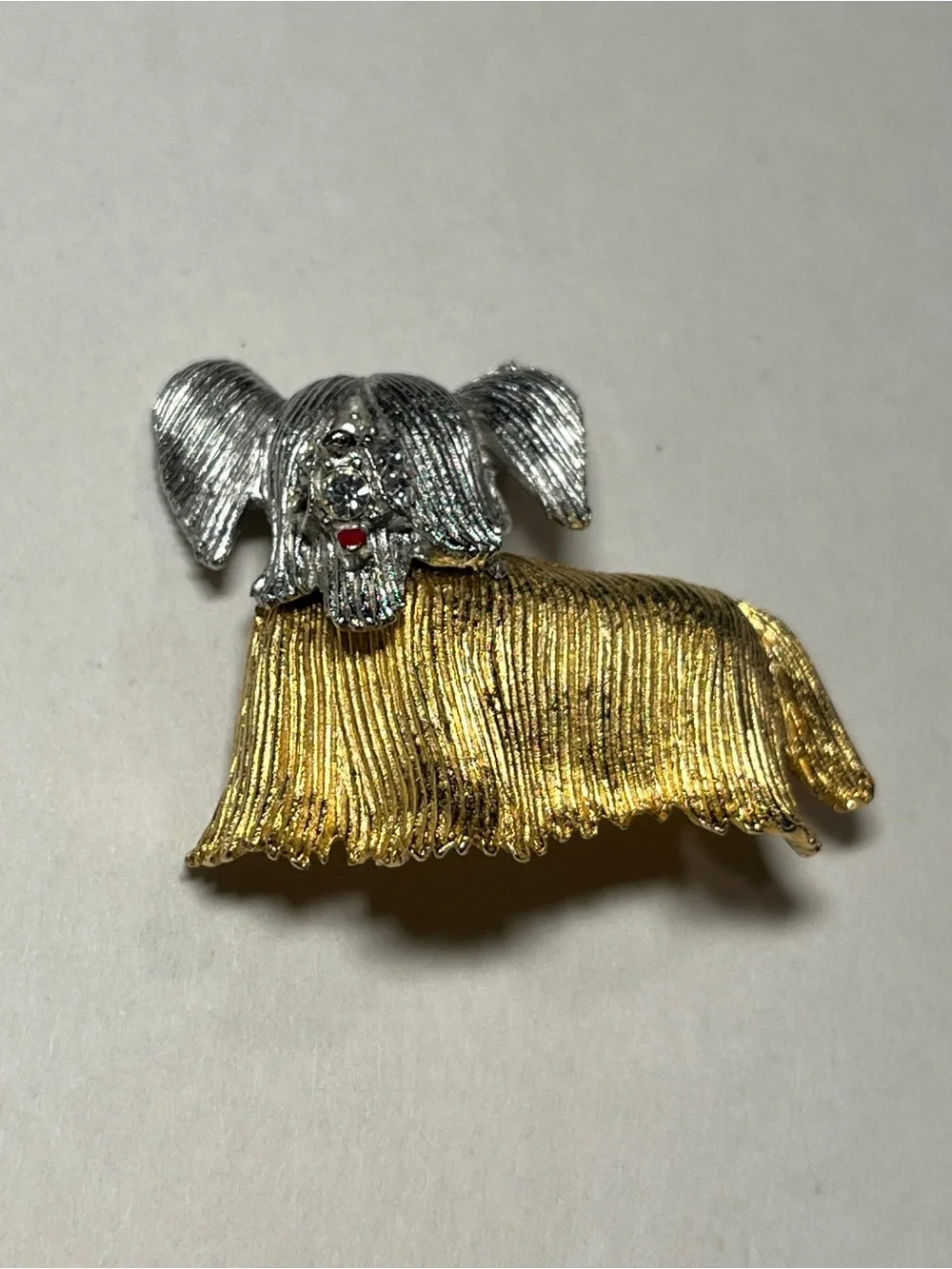 VTG Puppy Dog Brooch, Gold- & Silver-Toned, 6 Rhinestones & Red Enamel Tongue